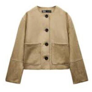 ZARA -FAUX SUEDE CROP BOMBER JACKET TAUPE BROWN- L